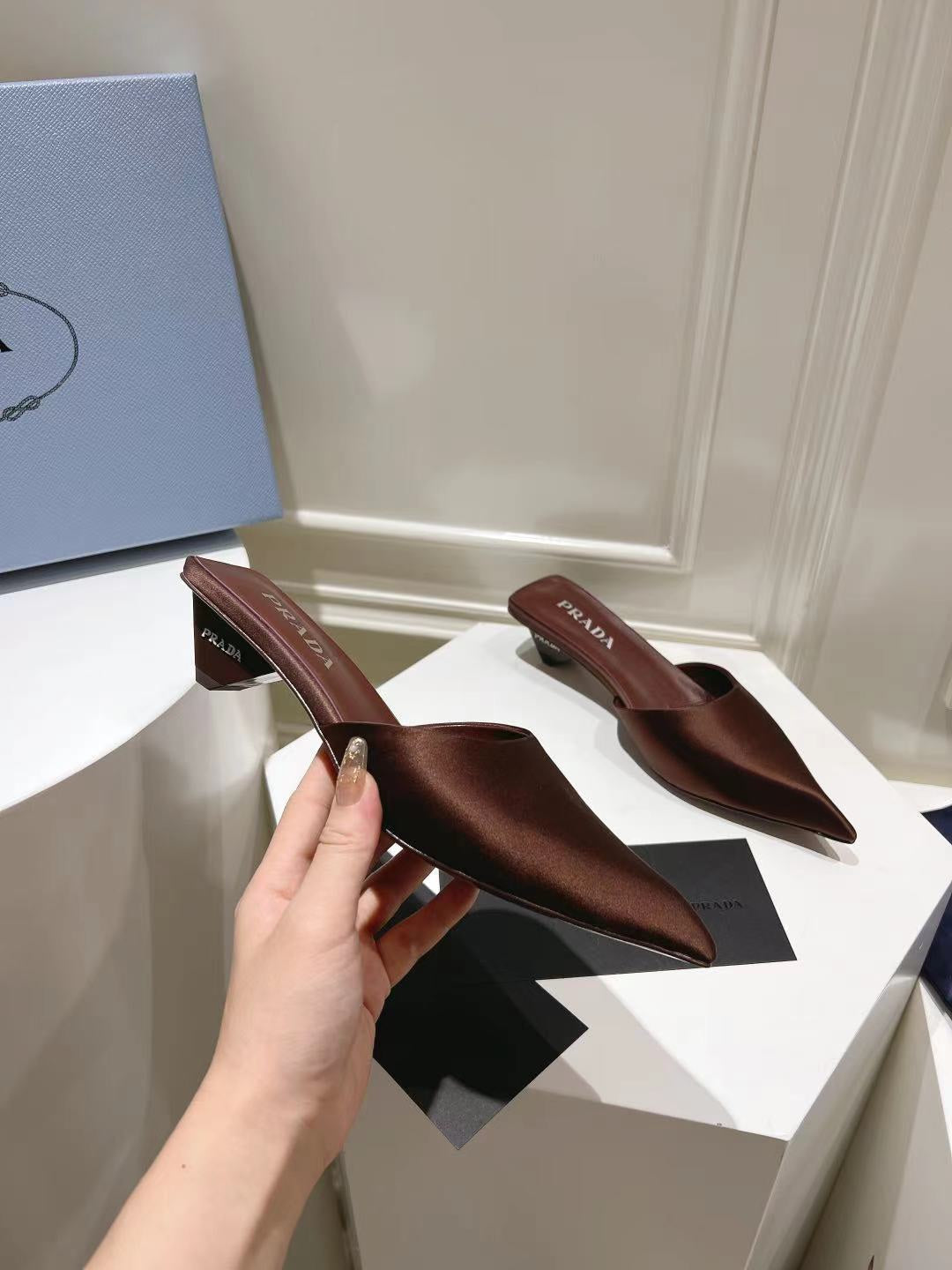 PRA POINTED-TOE MULES CHOCOLATE SATIN