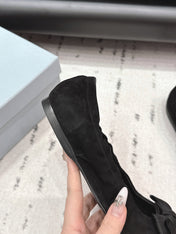 PRADA 26S ROUND TOE FLATS WITH BOW IN BLACK SUEDE