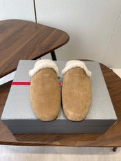 PRADA 25S CLOGS IN LIGHT BROWN SUEDE FUR-LINED