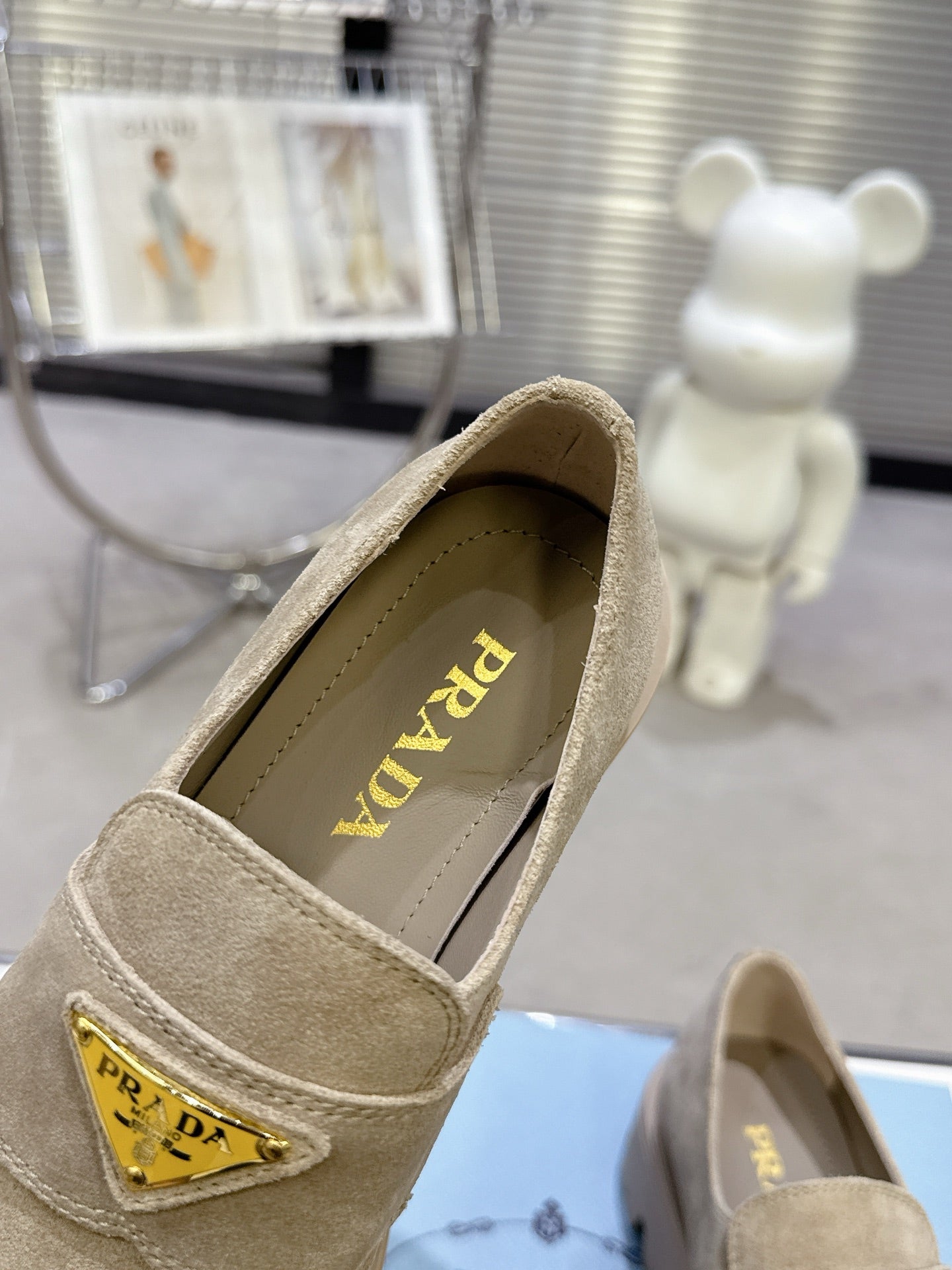 PRADA 25S THICK-SOLE LOAFERS 60 MM IN BEIGE SUEDE WITH GOLD HARDWARE