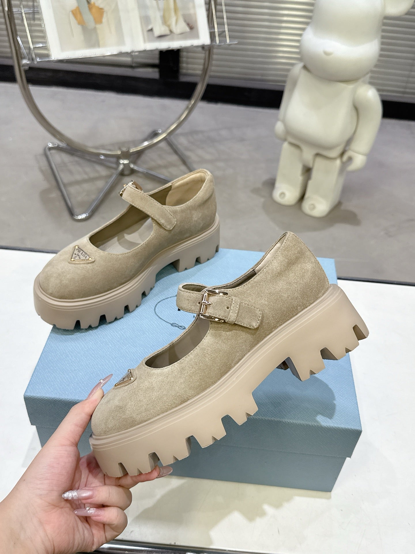 PRADA 25S PLATFORM MARY JANE SHOES IN BEIGE SUEDE STYLE 4