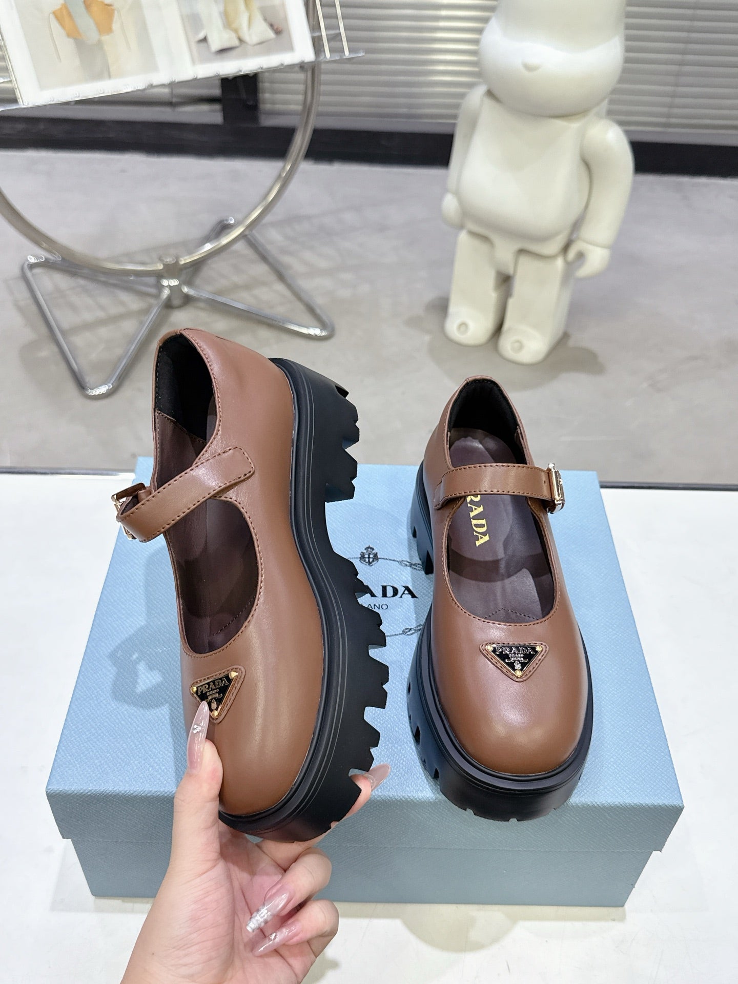 PRADA 25S PLATFORM MARY JANE SHOES IN BROWN CALFSKIN STYLE 1