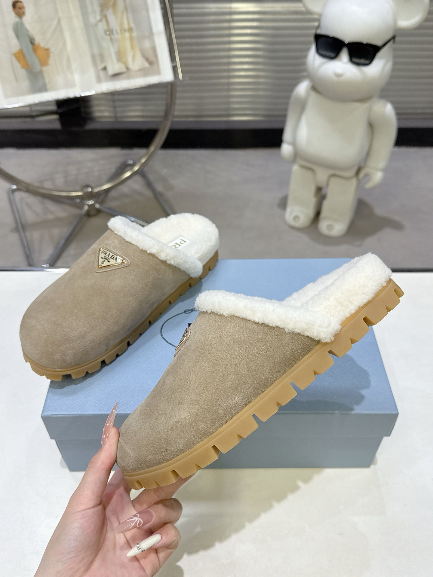 PRADA 25S FUR-LINED SABOT MULES IN BEIGE SUEDE