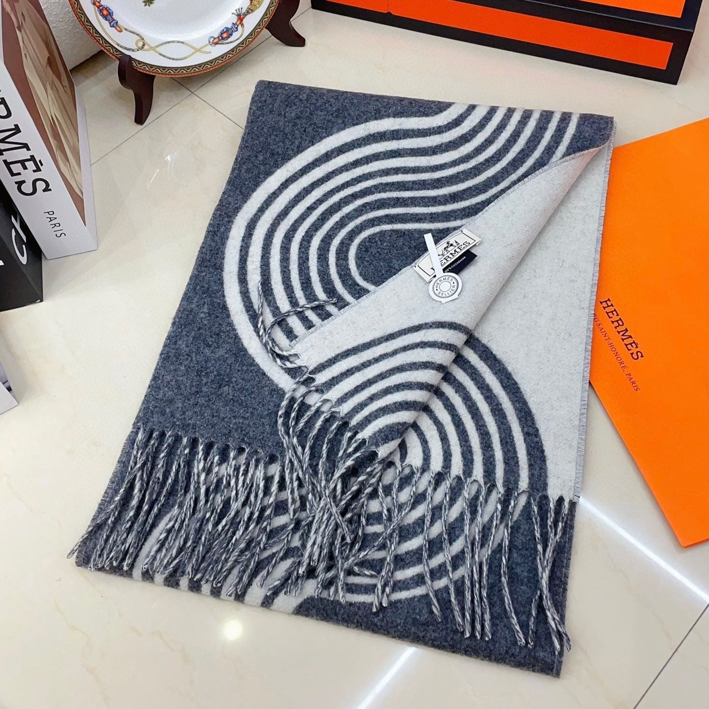 SCARF 180 CM IN SHARK GREY MIX WHITE CASHMERE