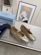 PRADA 26S MARY JANE FLATS IN GOLD WOVEN CALFSKIN