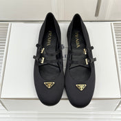 PRADA 25S DOUBLE STRAP BALLERINAS IN BLACK SATIN