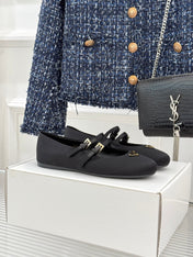 PRADA 25S DOUBLE STRAP BALLERINAS IN BLACK SATIN