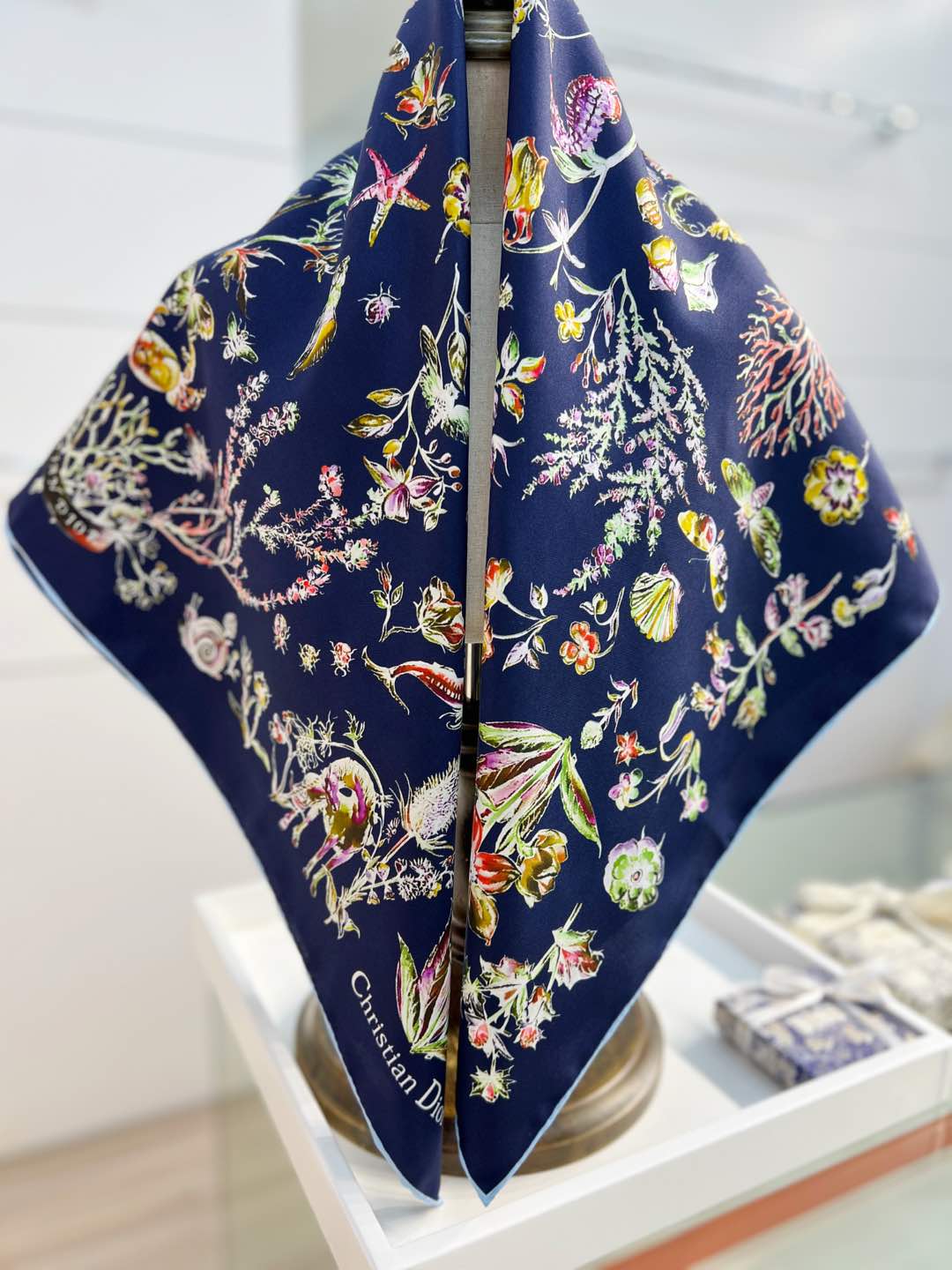 DIOR REVERSIBLE PRINTED SQUARE SCARF 90 CM IN NAVY BLUE SILK 735869