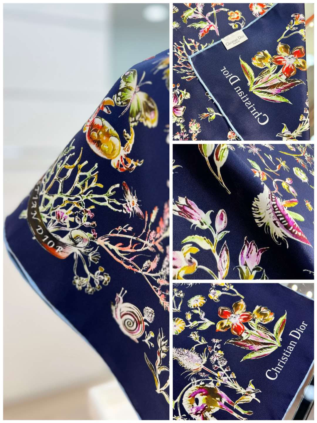 DIOR REVERSIBLE PRINTED SQUARE SCARF 90 CM IN NAVY BLUE SILK 735869