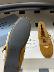PRADA 25S MARY JANE FLATS IN DARK WALNUT BROWN SUEDE WITH GOLD HARDWARE