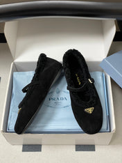 PRADA 25S MARY JANE FLATS IN BLACK SUEDE WITH GOLD HARDWARE