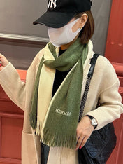 HIGH-END SCARF 180 IN MOSS GREEN MIX BEIGE CASHMERE