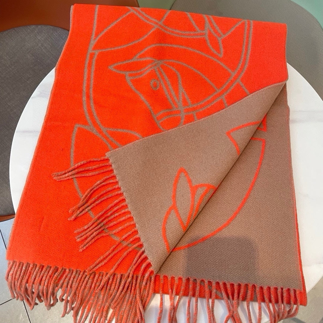CASAQUE ENTRELACS EQUESTRES 190 CM SCARF IN ORANGE RED CASHMERE